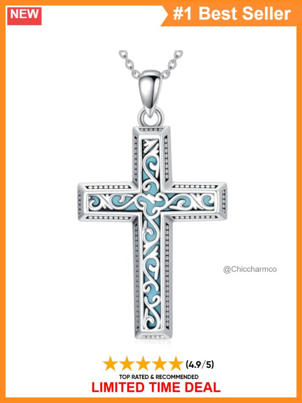 Turquoise Cross Necklace 925 Sterling Silver Gemstone Pendant Boho